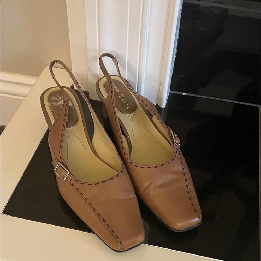 Kelly & Katie Tan Slingback Heels with Buckle Detail